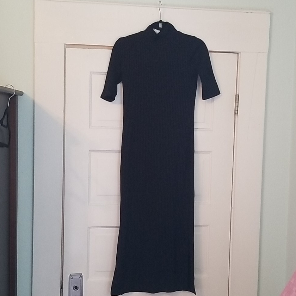 High neck ribbed black dress